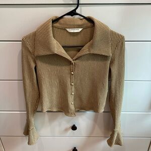 Commense brand, S, tan button down blouse with large collar and pleated sleeves